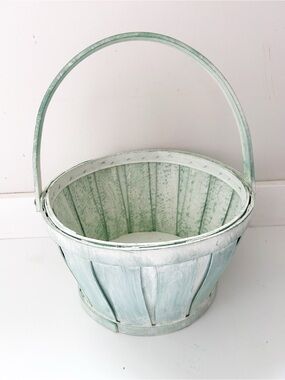 Vintage Mint Green Wooden Slats Basket w/ Handle Cottagecore Farmhouse
